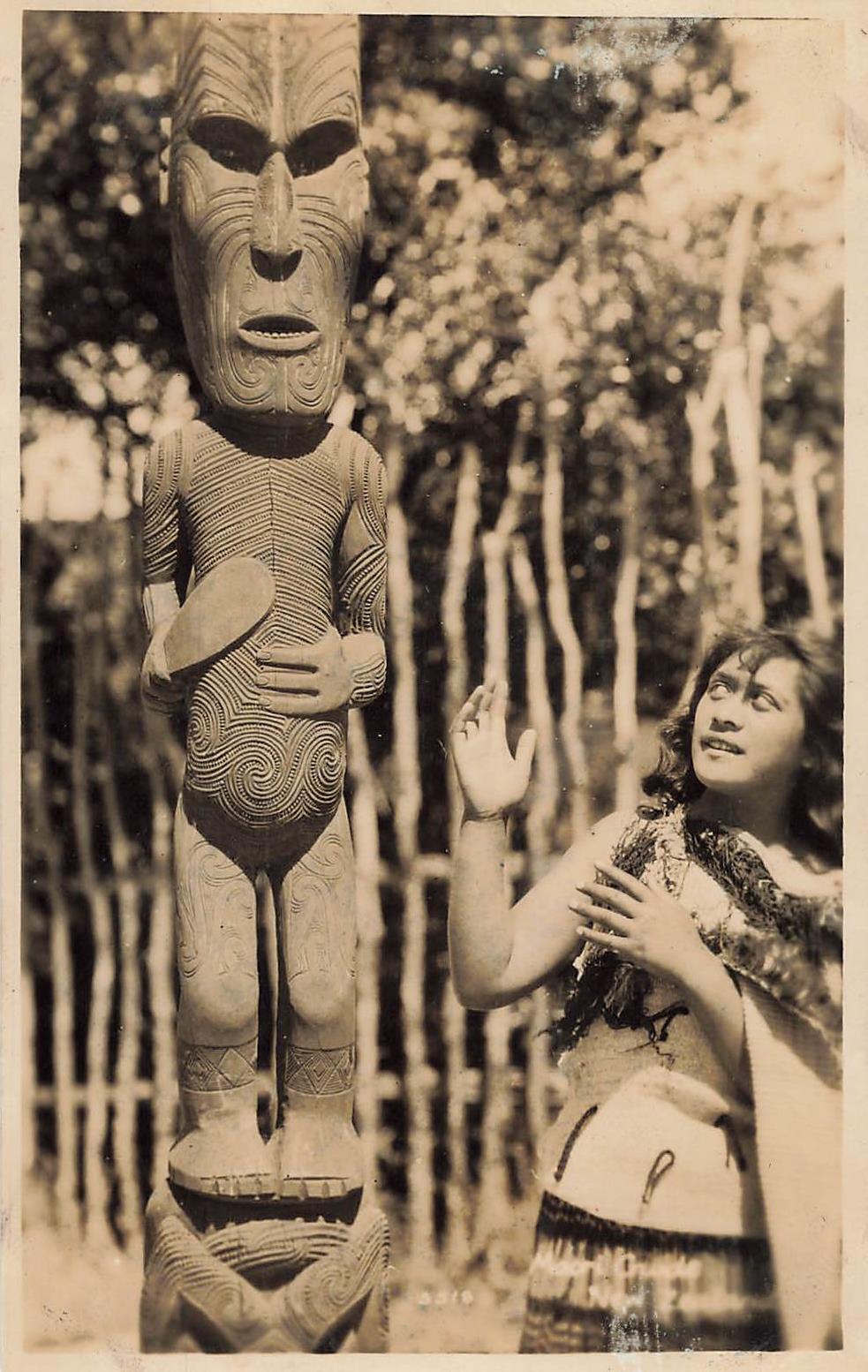 Vintage RPPC Native New Zealand Woman TIKI GOD Māori Tribe Real Photo Postcard