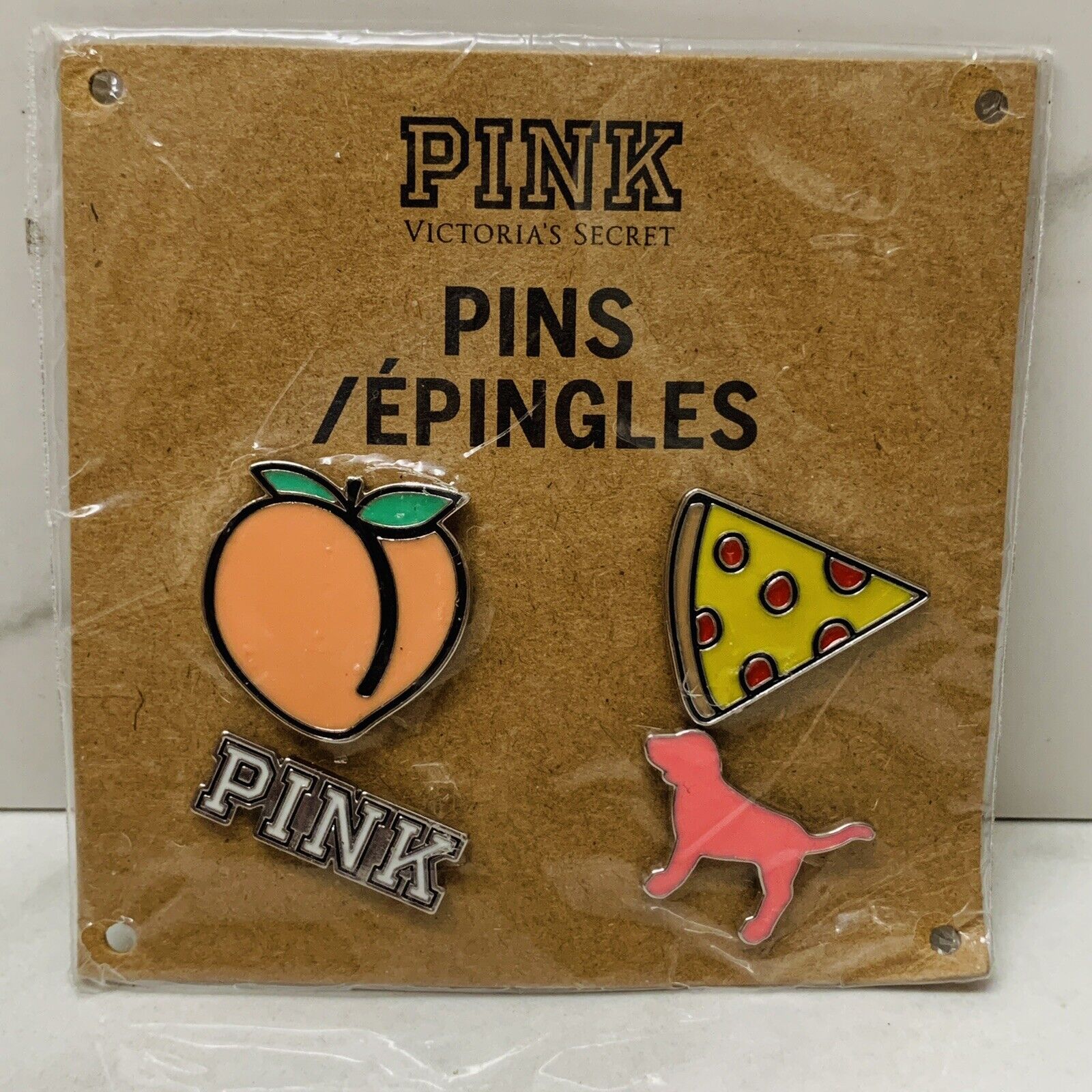 Victoria\'s Secret Pink Lapel Pins Set Peach, Pizza, PINK, & Dog NEW Super cute