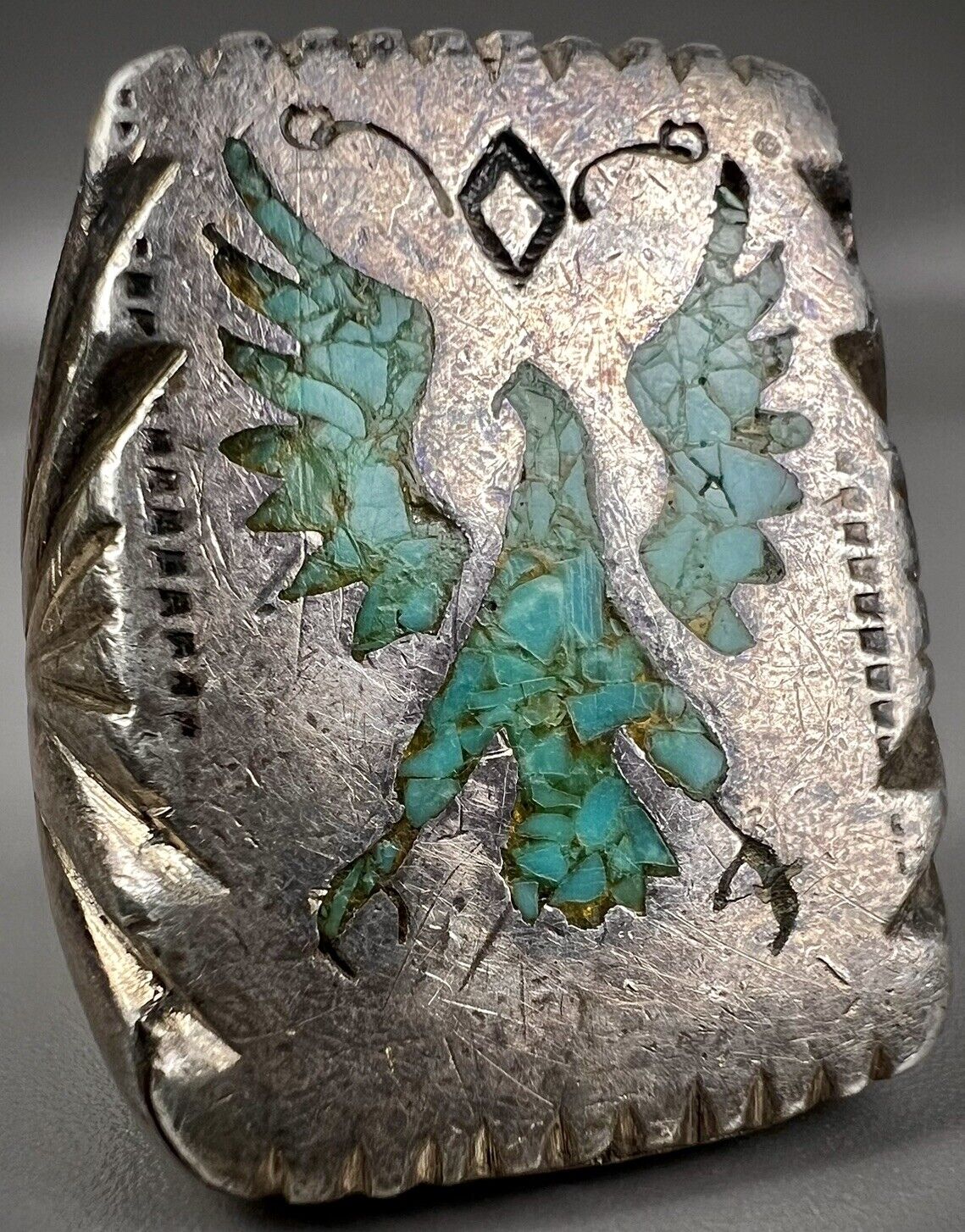 HUGE HEAVY Vintage Native Hand Wrought Silver Turquoise Inlay Ring 😳