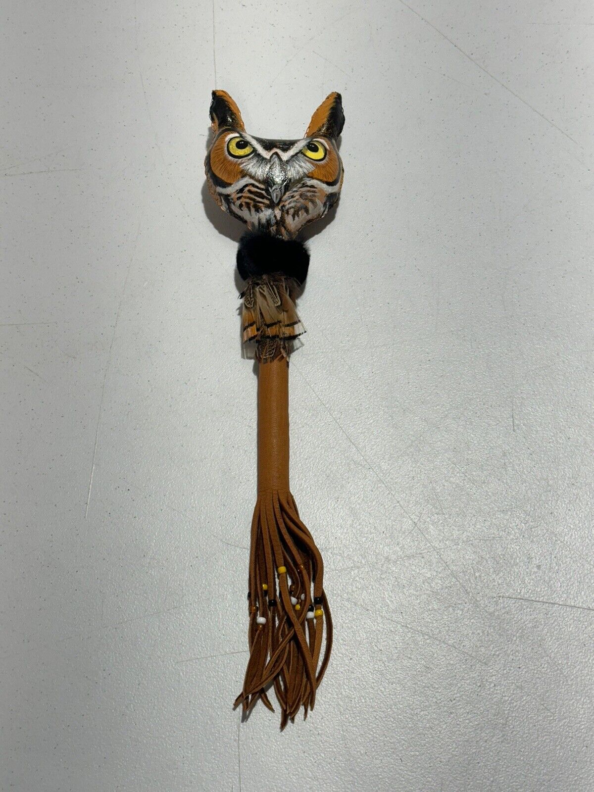 Vintage Native American Indian Navajo Spirit Owl Rawhide Painted Dance Rattle