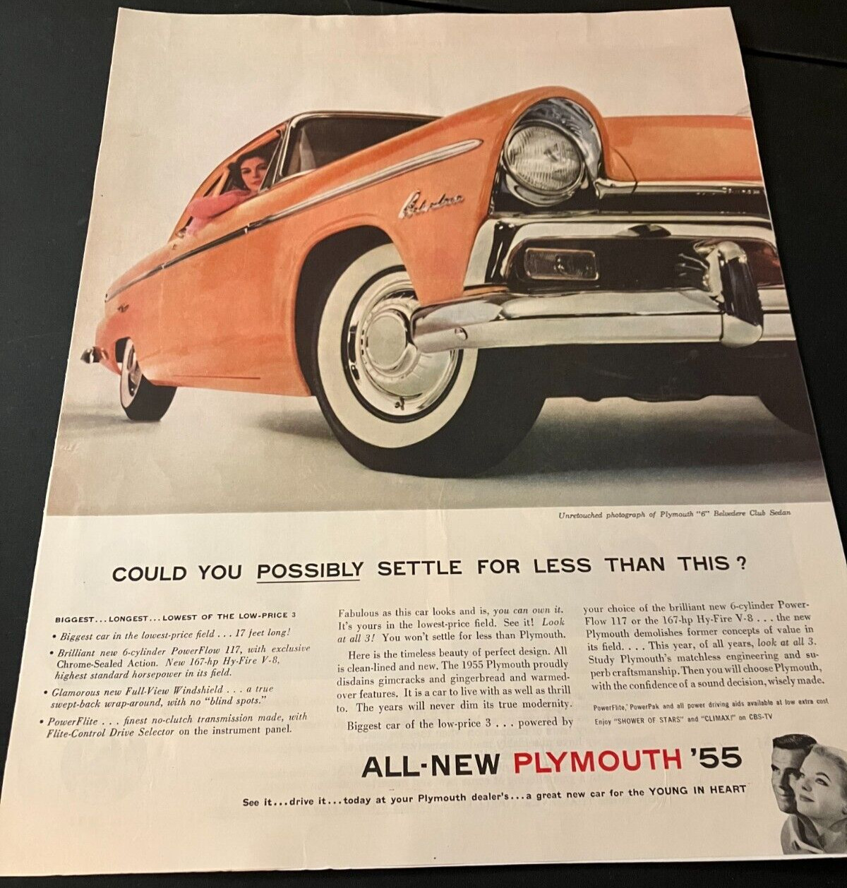 Pink 1955 Plymouth Belvedere - Vintage Original Color Print Ad / Wall Art  CLEAN
