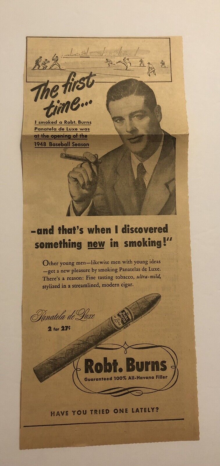 1940’s Baseball Player Cigar Robt Burns Newspaper Print Ad