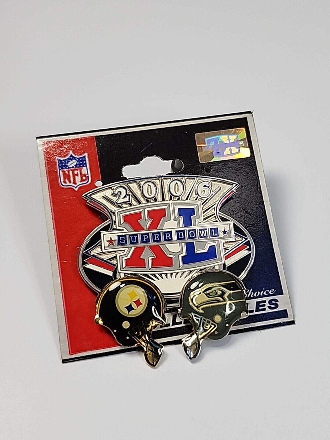 Super Bowl XL Souvenir Pin 2006 NFL Steelers 24 vs Seahawks Peter David Helmets