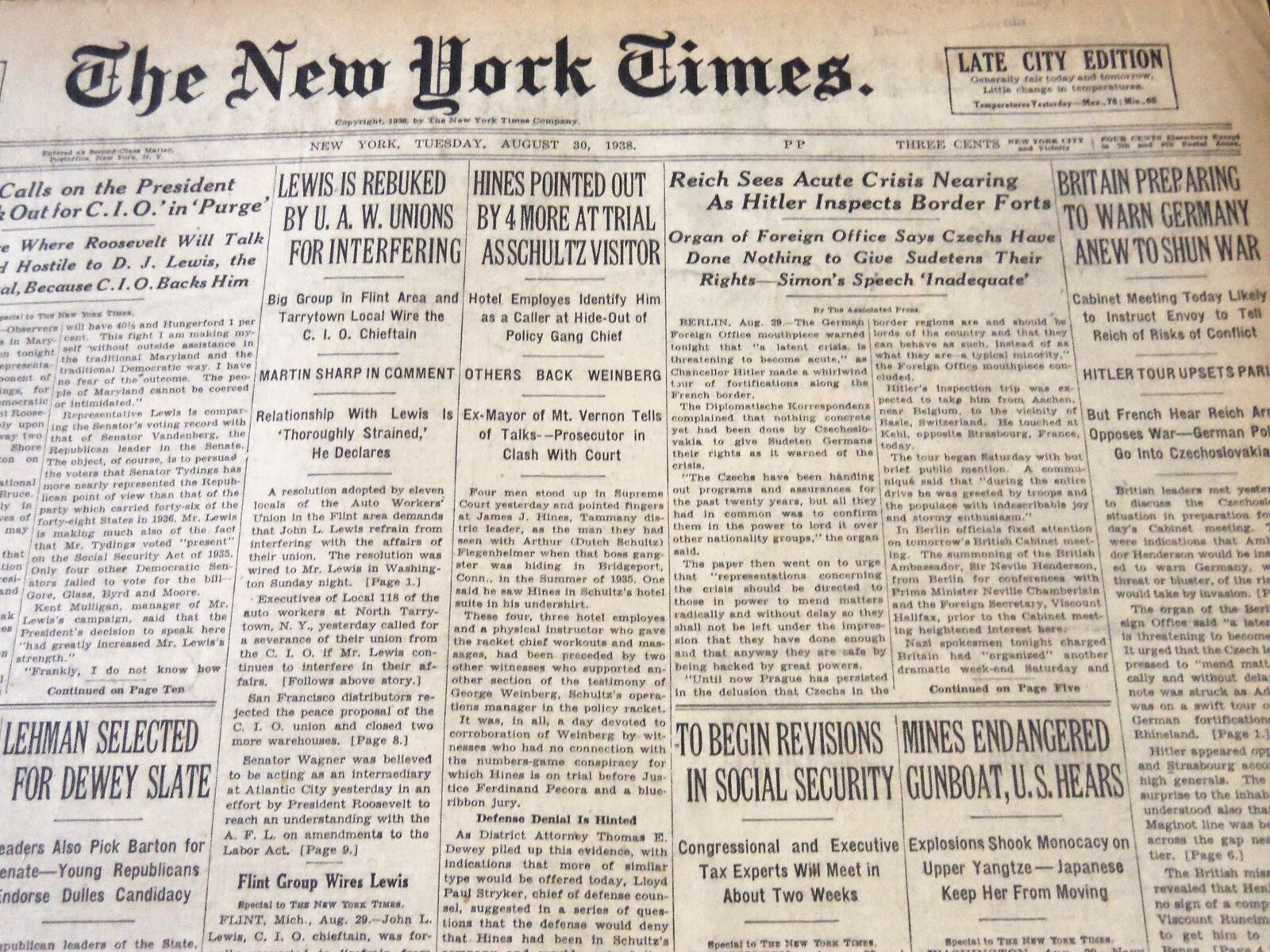 1938 AUGUST 30 NEW YORK TIMES - REICH SEES ACUTE CRISIS NEARING - NT 6256