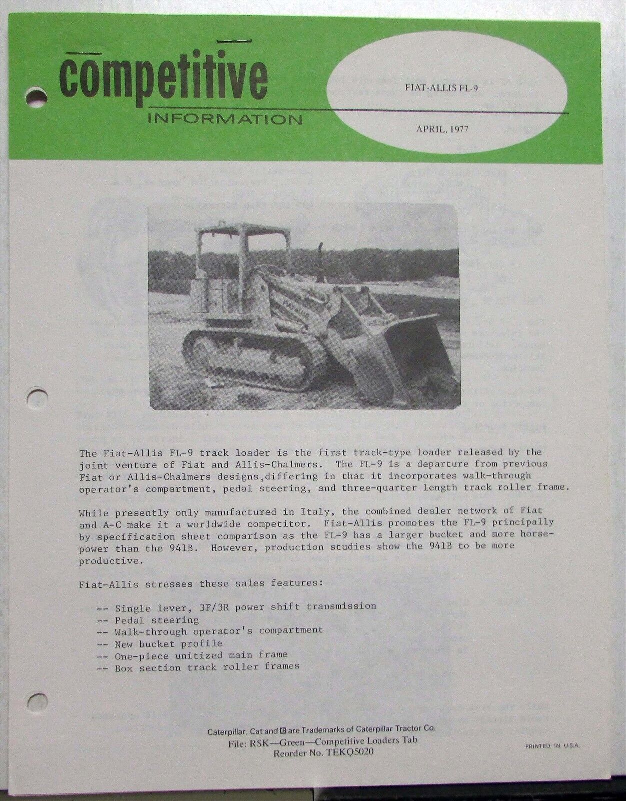 1977 Caterpillar Track Type Loader Fiat Allis Spec Construction Competitive Info