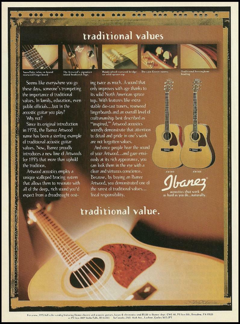 Ibanez Artwood Series AW-100 AW-500 acoustic guitar 1995 advertisement ad print