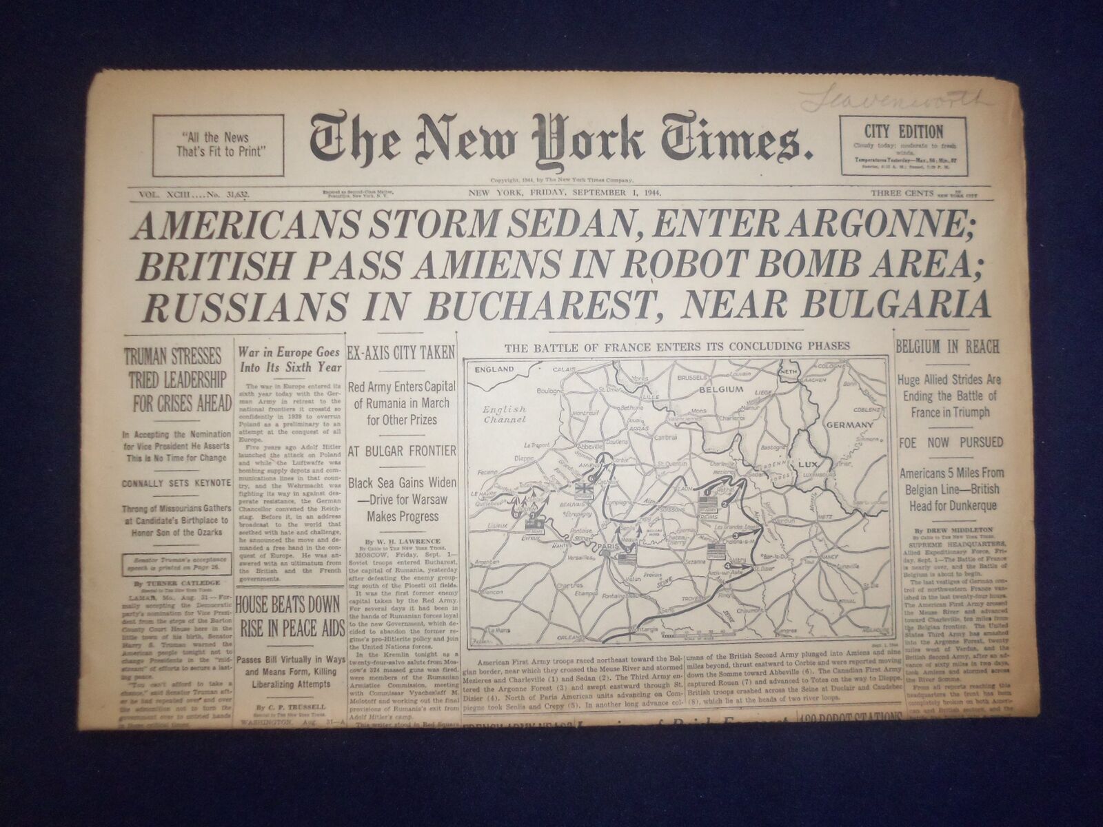 1944 SEPTEMBER 1 NEW YORK TIMES - AMERICANS STORM SEDAN, ENTER ARGONNE - NP 6610