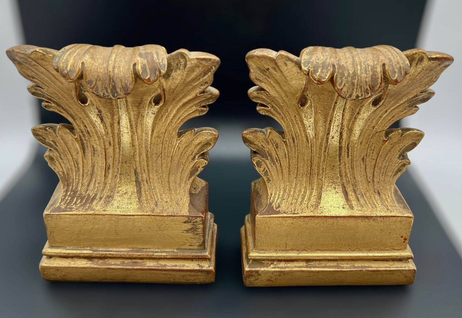 Vintage BORGHESE FLORENTINE LEAF SCROLL Neoclassical GOLD Pair of BOOKENDS SET