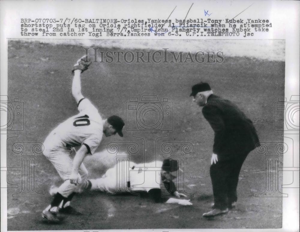 1960 Press Photo Orioles Yankees Tony Kubek Al Pilarcik John Flahery Yogi Berra