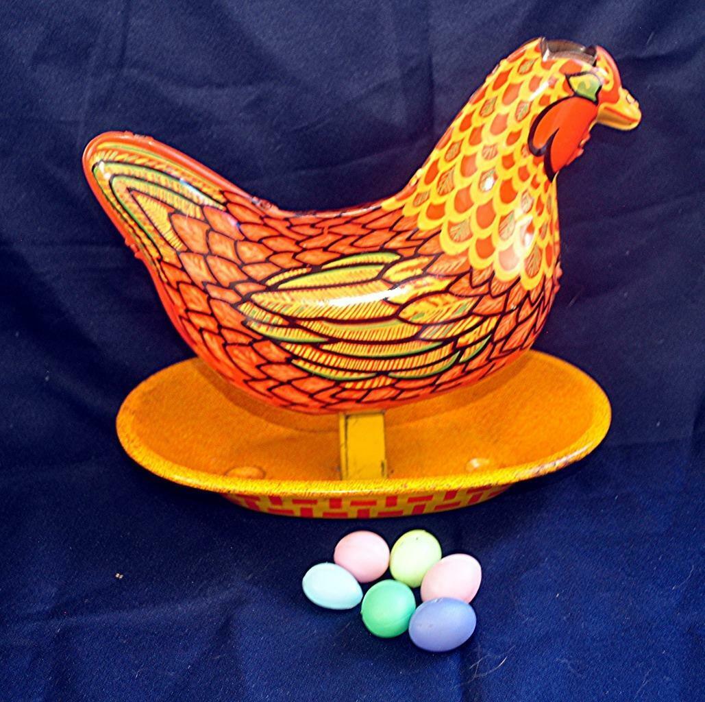 VTG TIN LITHO WYANDOTTE MECHANICAL EASTER TOY, RED HEN LAYING EGGS MADE USA
