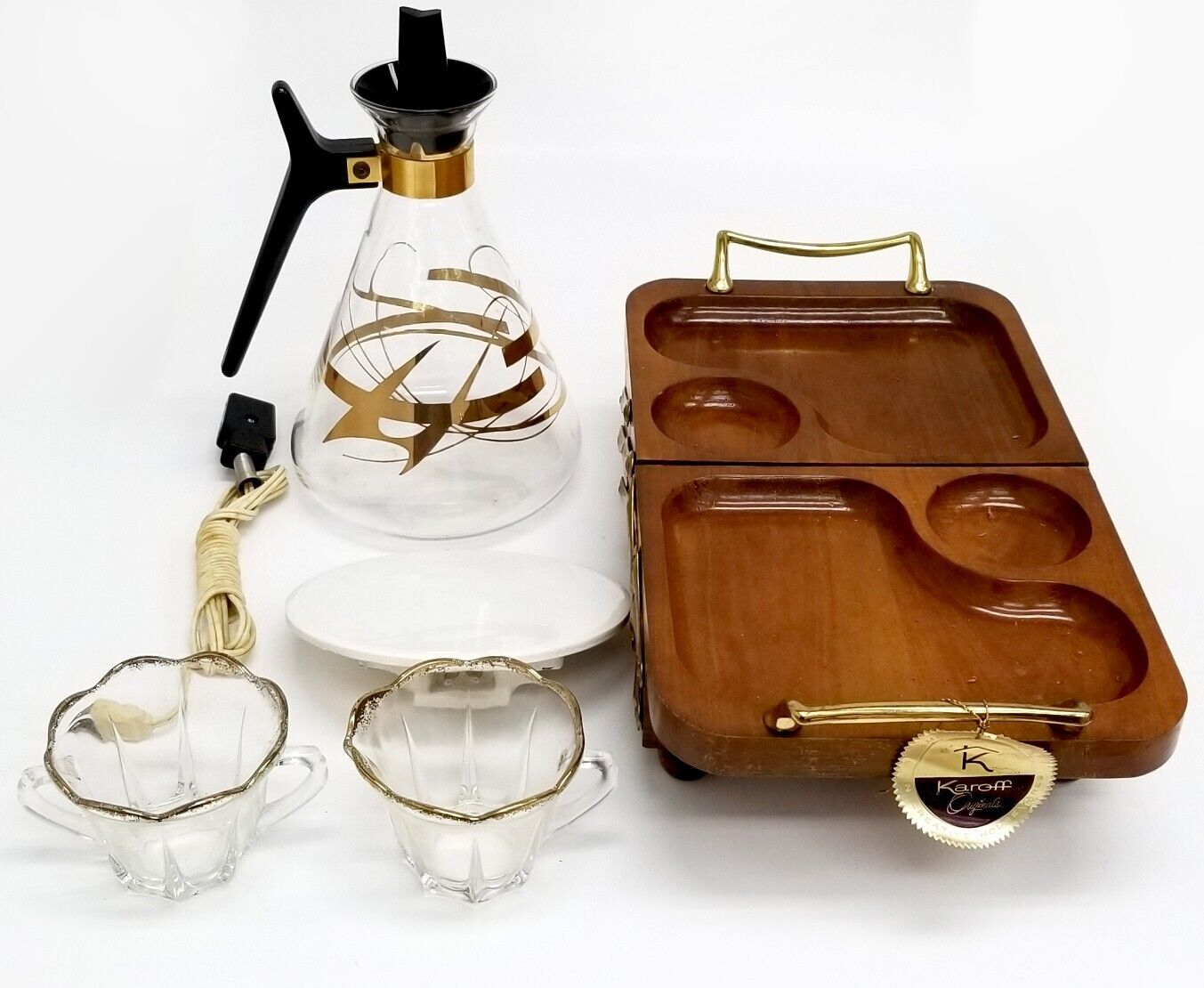 Karoff Originals Antique Walnut Electra Foldaway Buffet Serving Set w Orig Box