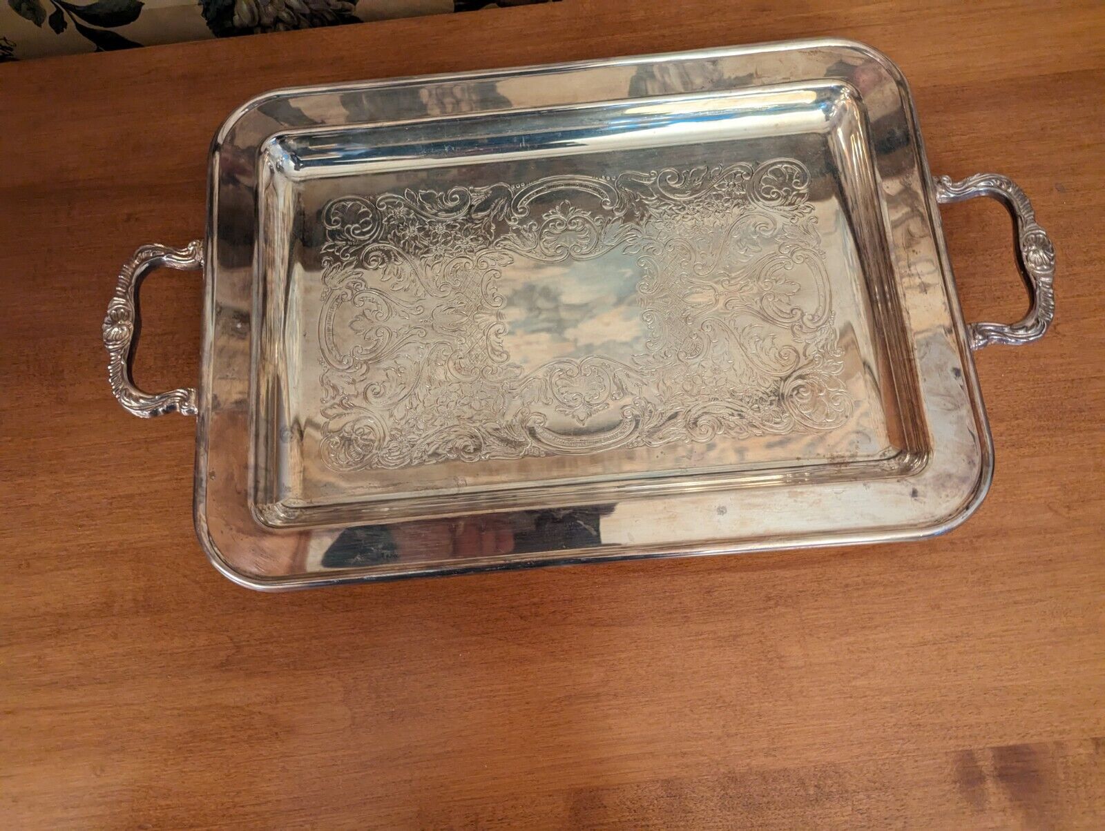 VINTAGE LEONARD SILVERPLATE FOOTED SERVING TRAY W/HANDLES 13-1/2X9-3/4\