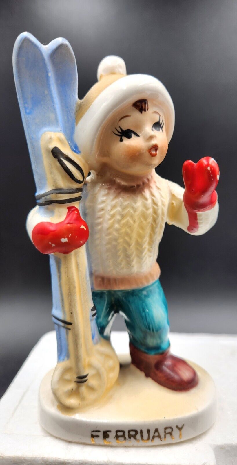 Vintage Lefton Boy W/Skis February Birthday Figurine 5\