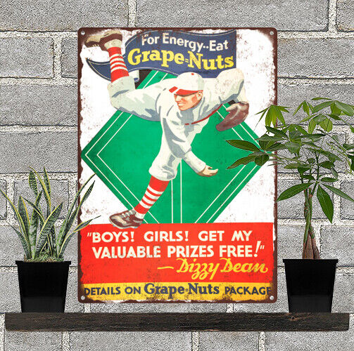 1930s Grape Nut Dizzy Dean Baseball Advertising Metal Sign 9x12 60072