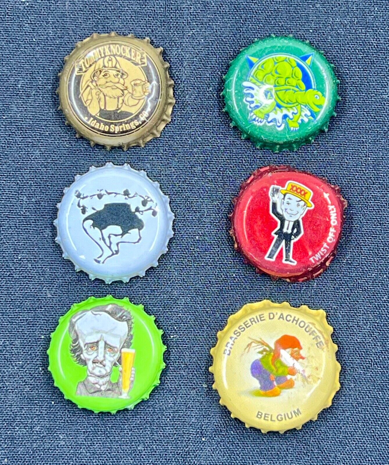 Vintage Beer Bottle Caps, Assortment of 6, Lot of “Cute Little Guys”