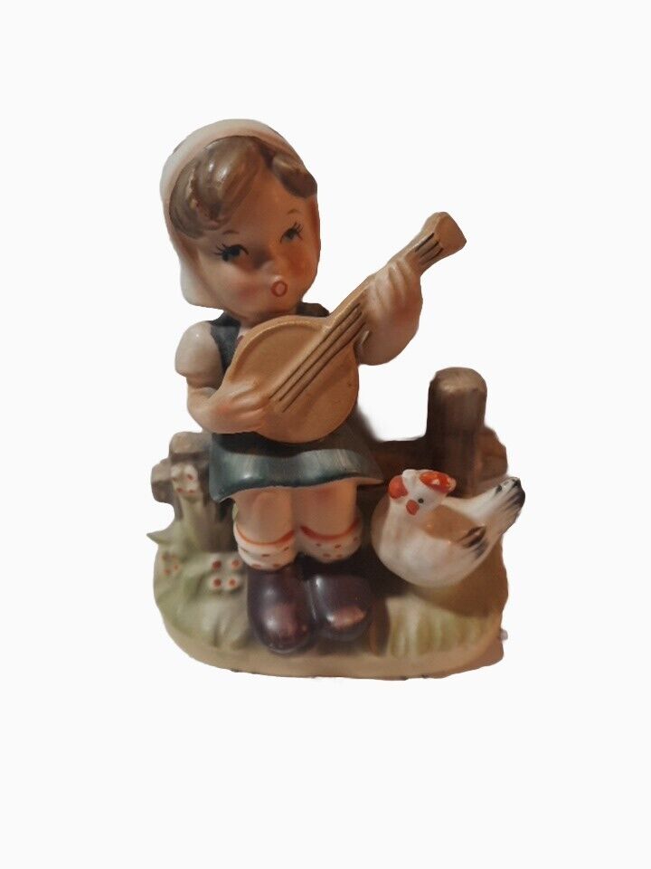 Vintage Napco Girl With Mandolin & Chicken Figurines #9485