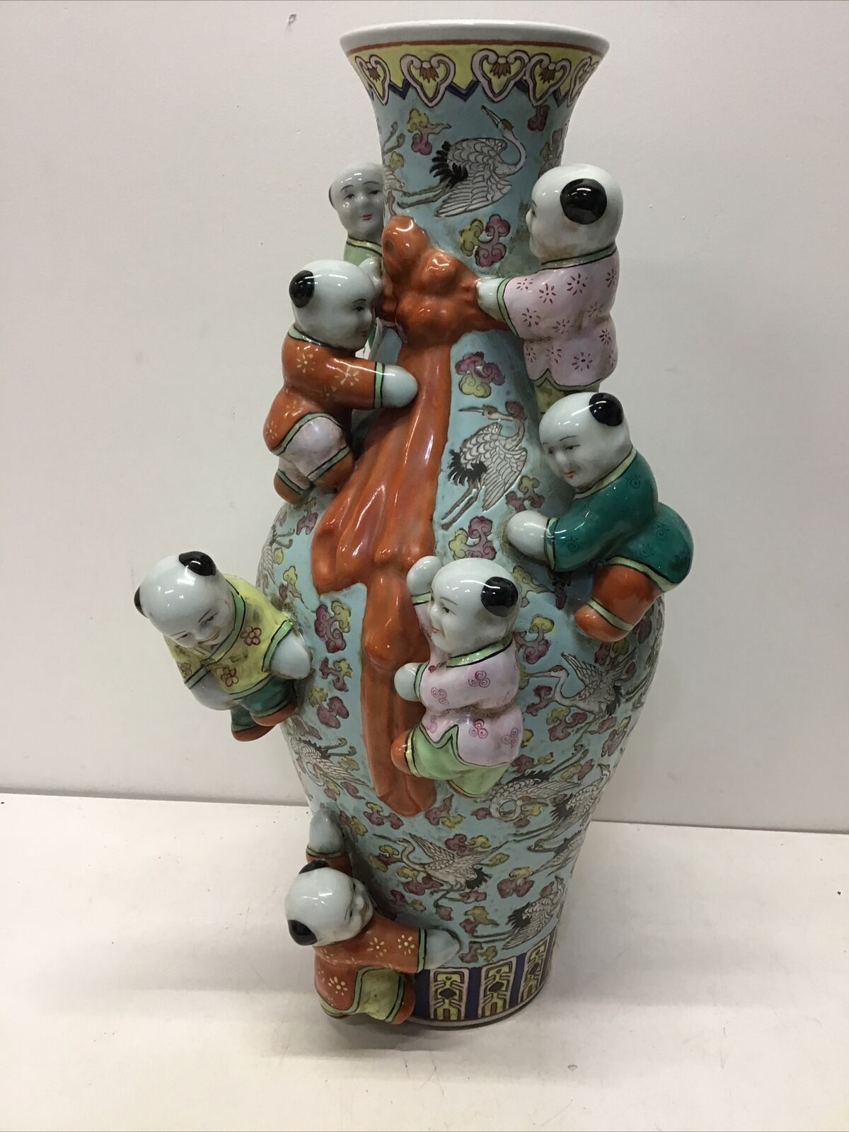 Chinese Tongzhi Marked Seven Children Porcelain Bottle Vase Stork Decoration