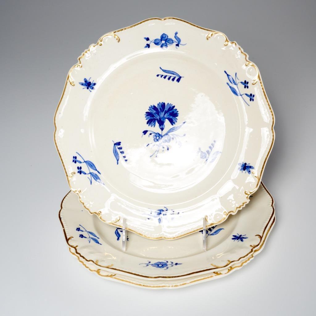 Robert Bloor Derby Dinner Plates Blue Cornflower White Antique C 1830 Set of 3