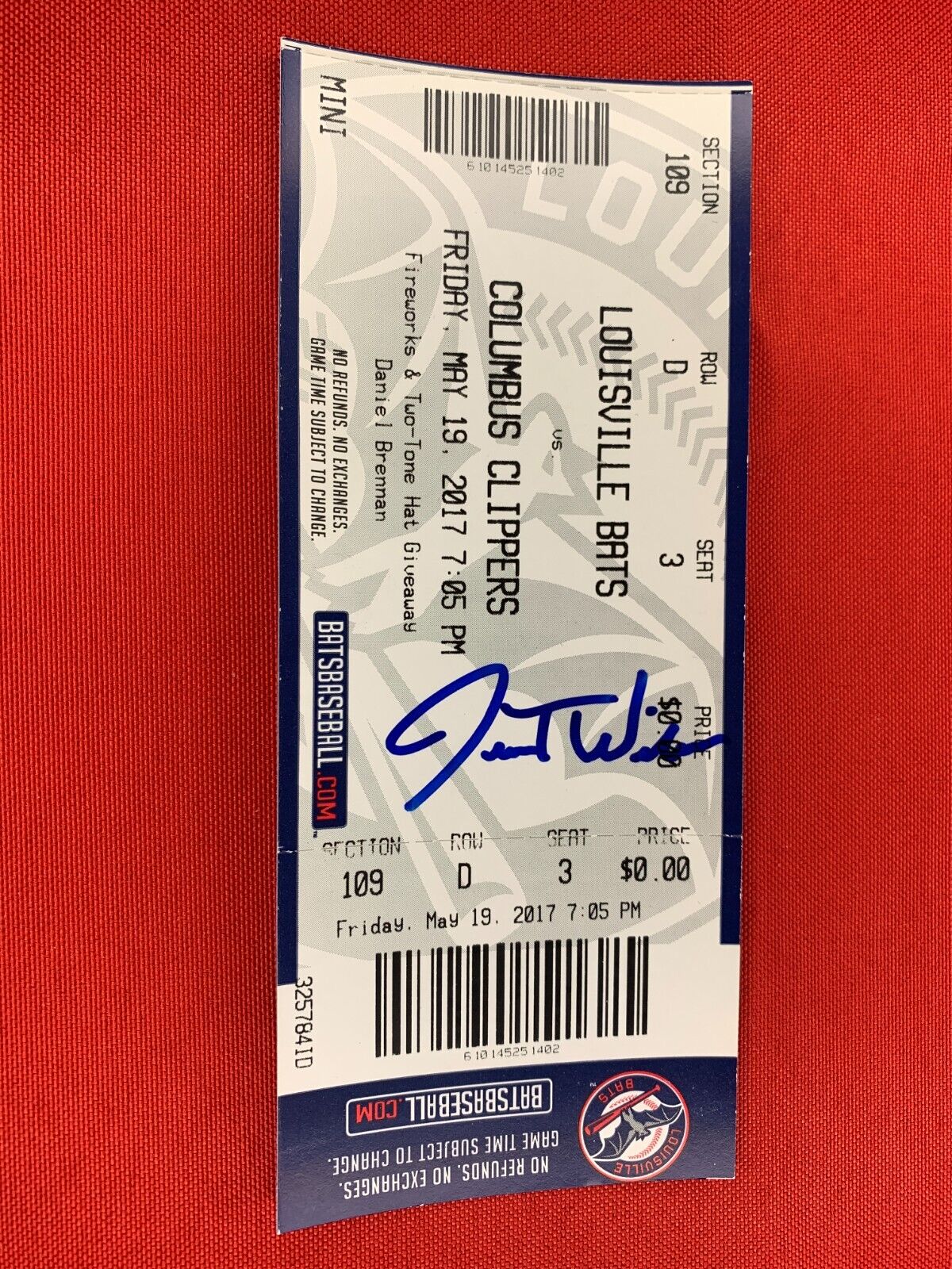 * Autographed Star Jesse Winker 2017 AAA Louisville Bats Game Ticket w COA *