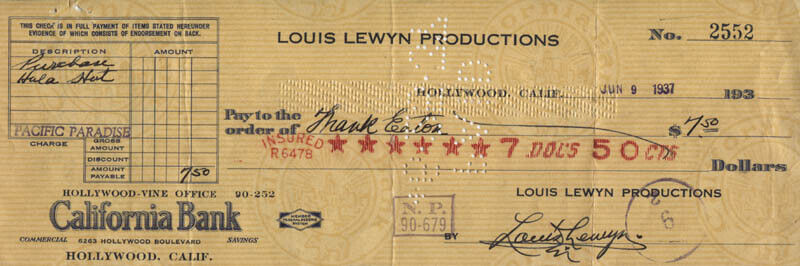 LOUIS LEWYN - CHECK SIGNED 06/09/1937