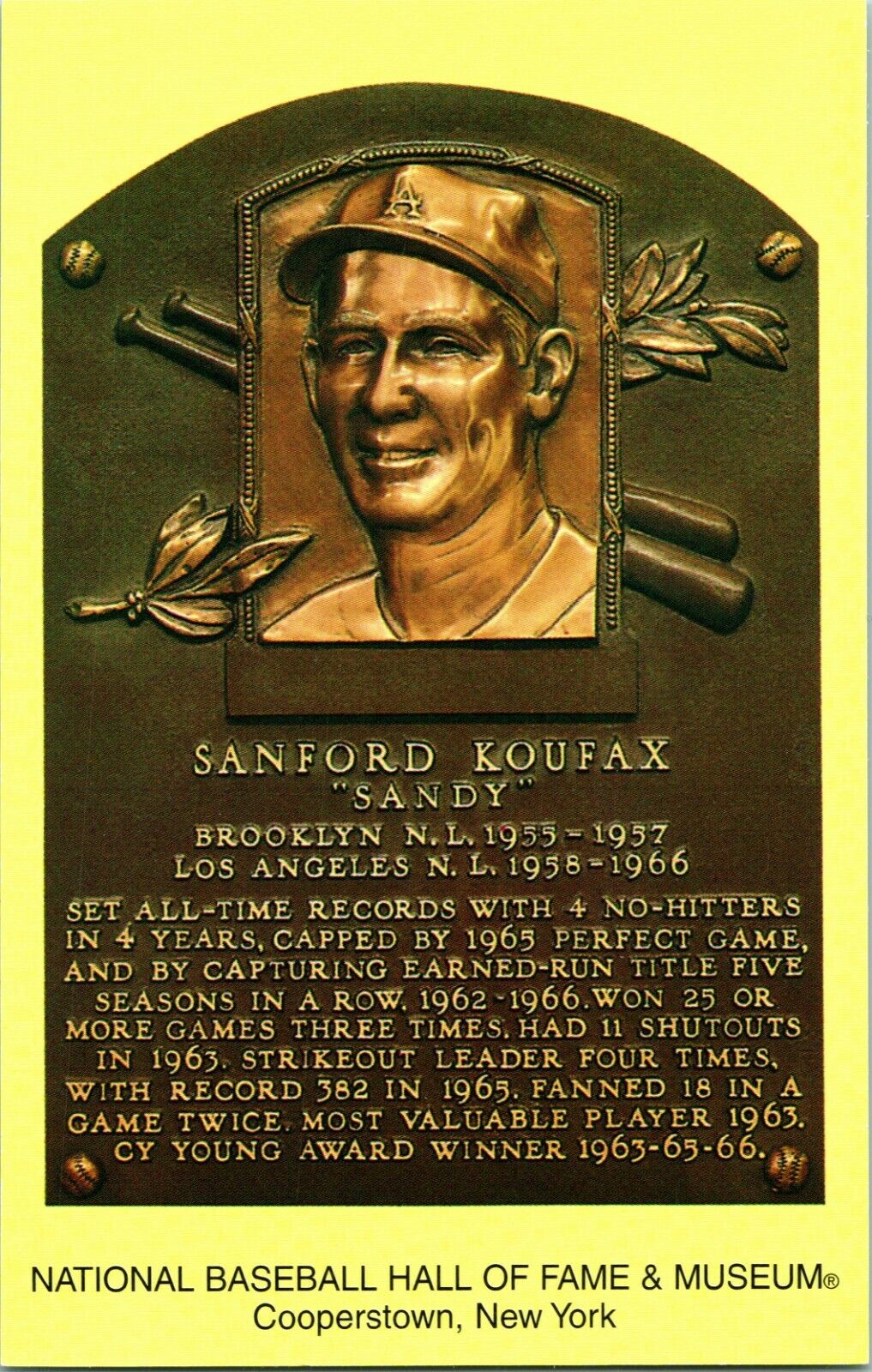 2005 Unused Cooperstown Hall of Fame Induction Plaque Postcard Sandy Koufax
