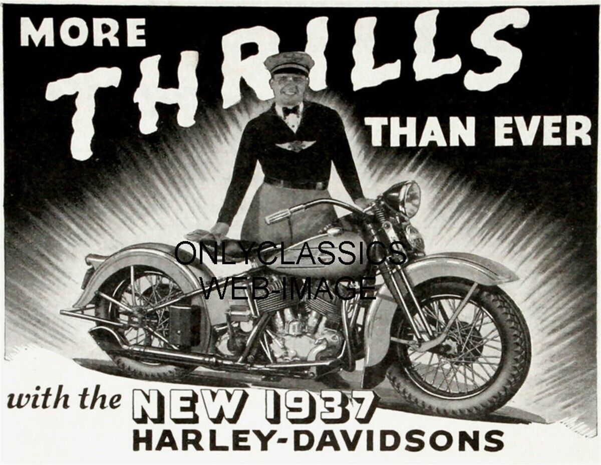 1937 HARLEY DAVIDSON MOTORCYCLE NEW MODELS VINTAGE MORE THRILLS AD 8.5x11 POSTER