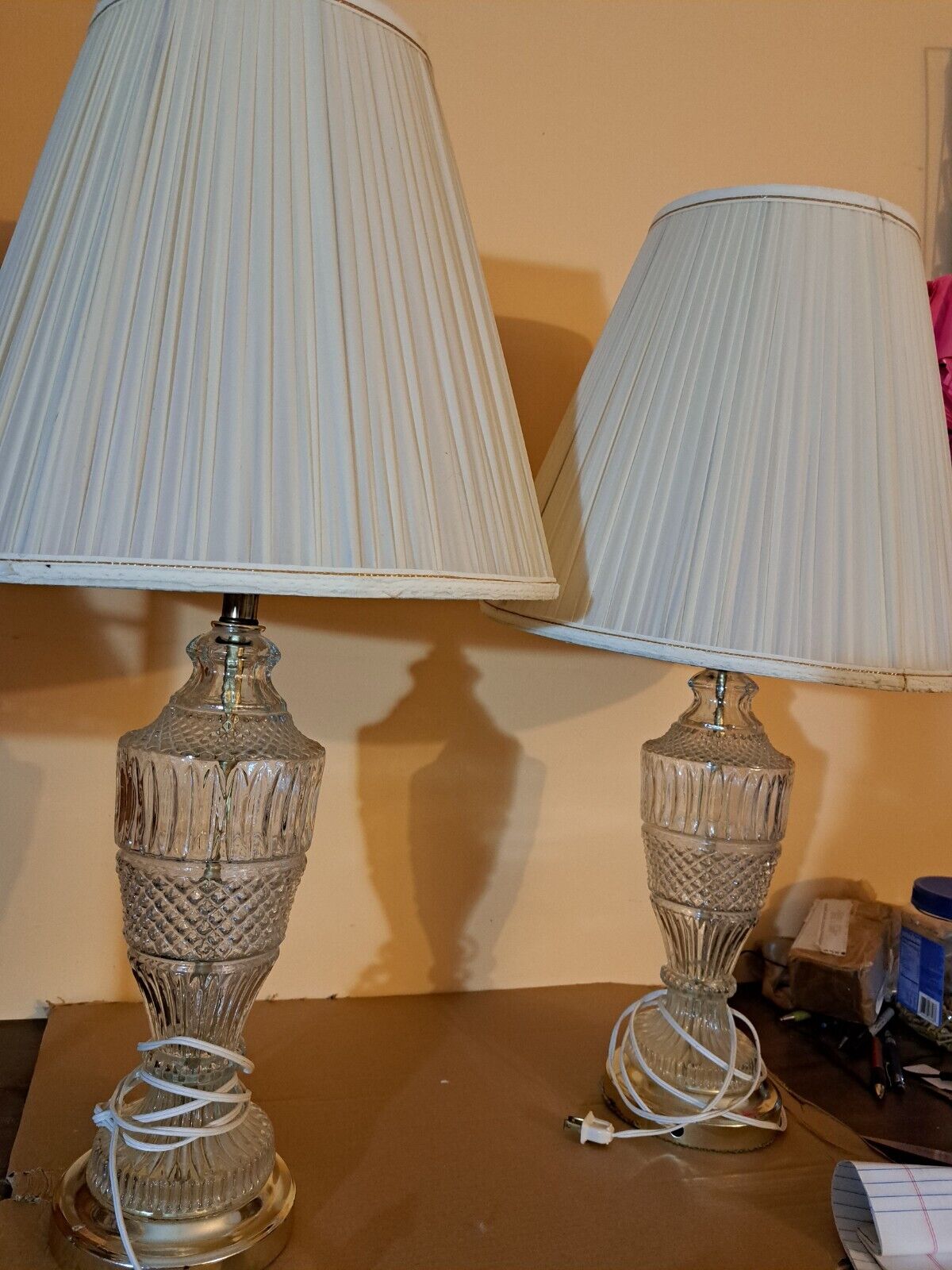 Vintage Clear Glass Lamps with Shades & Bulbs Electric 30in #2447Hutch