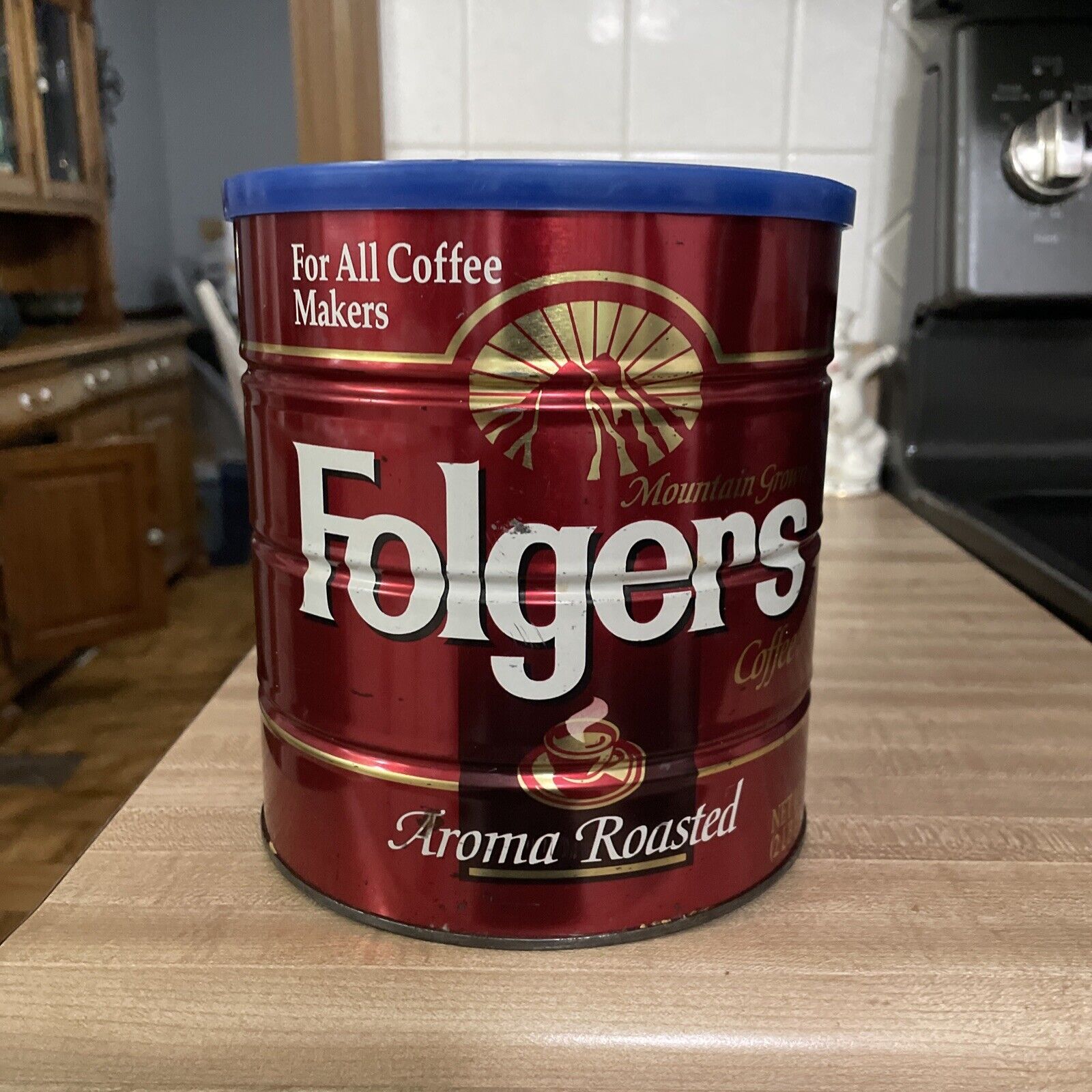 Vintage Folgers Coffee Can Tin  39oz Big Lebowski with BLUE Lid