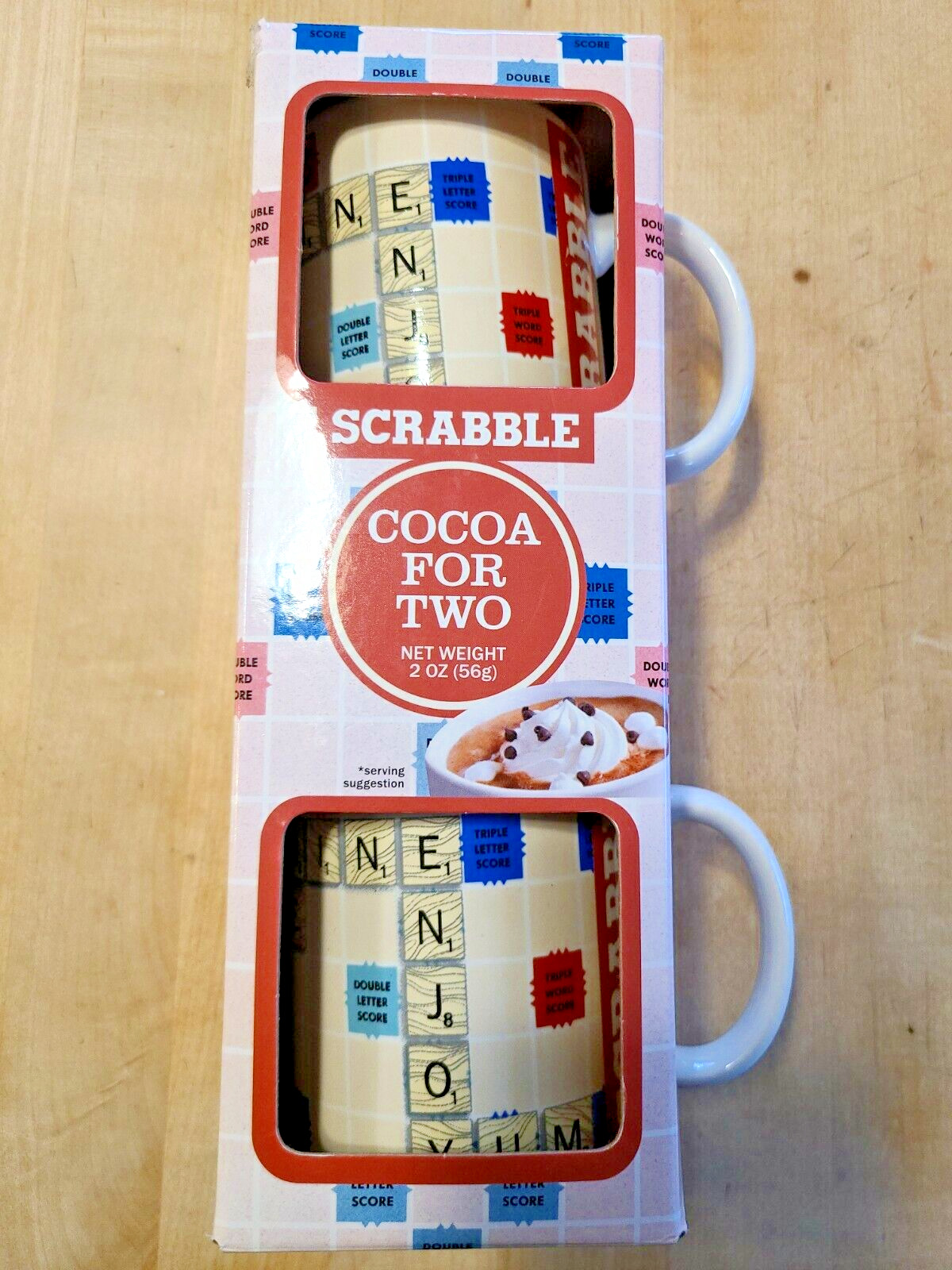 2018 SET of 2 Hasbro Scrabble Tile Game Board Ceramic Coffee Mugs Cocoa Open box