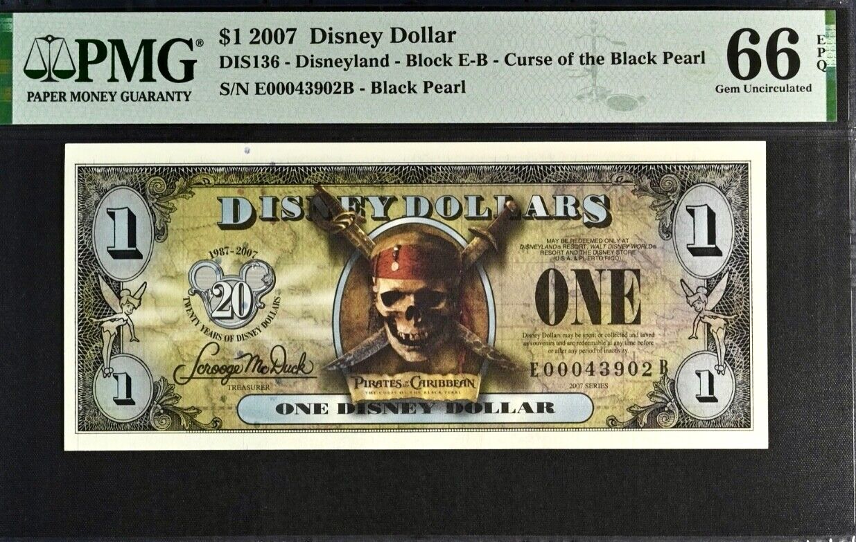 2007 $1 Disney Dollar Curse of the Black Pearl PMG 66 EPQ DIS136 Block EB #3902