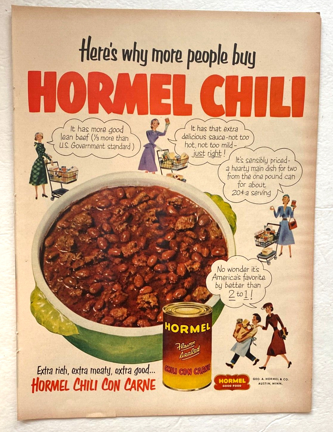 Hormel Chili Vintage Print Ad 1952 Con Carne Extra Rich Meaty Good 10.5x14 In