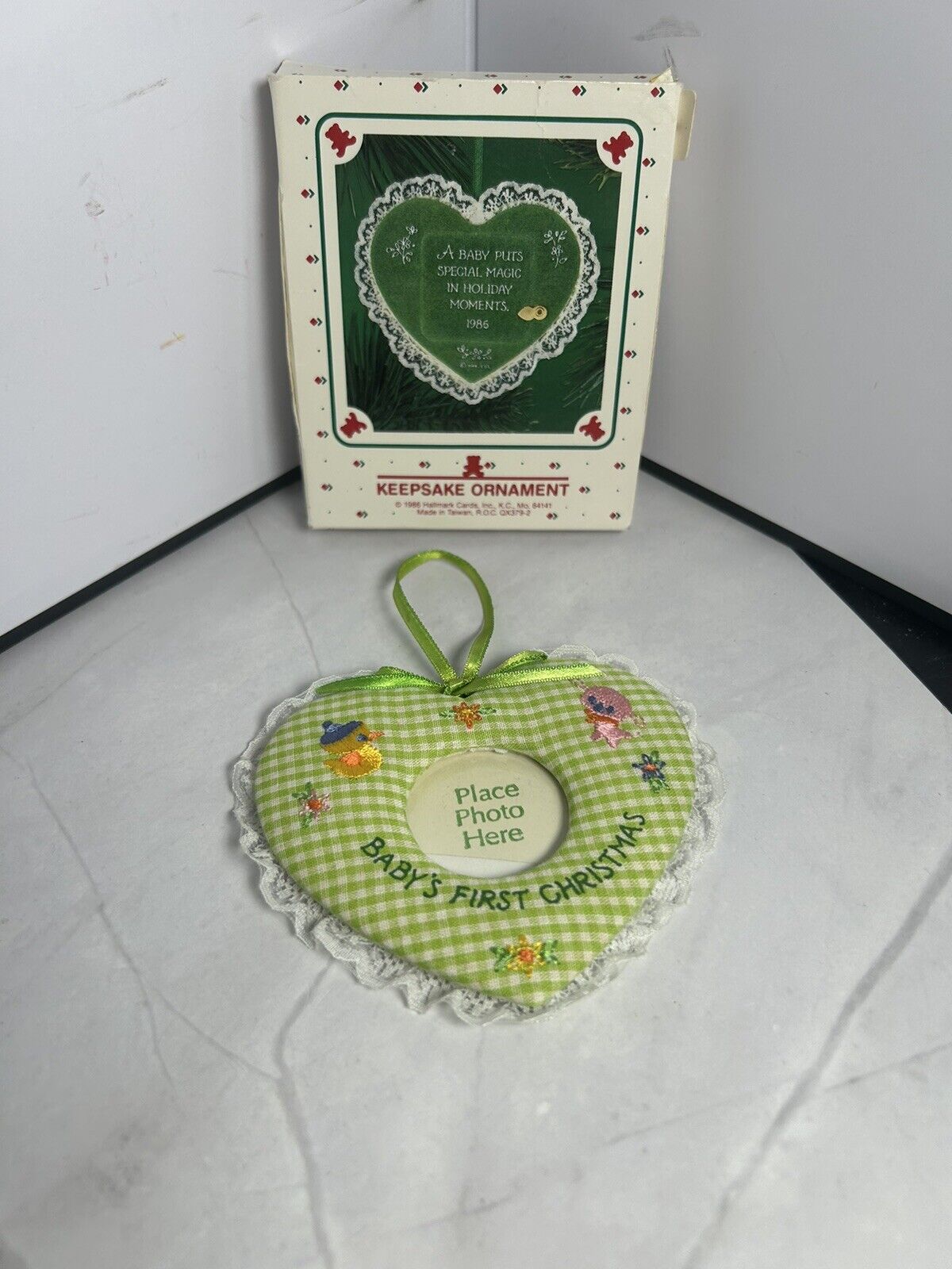 Hallmark 1986 Baby's First Christmas photo holder heart fabric Ornament
