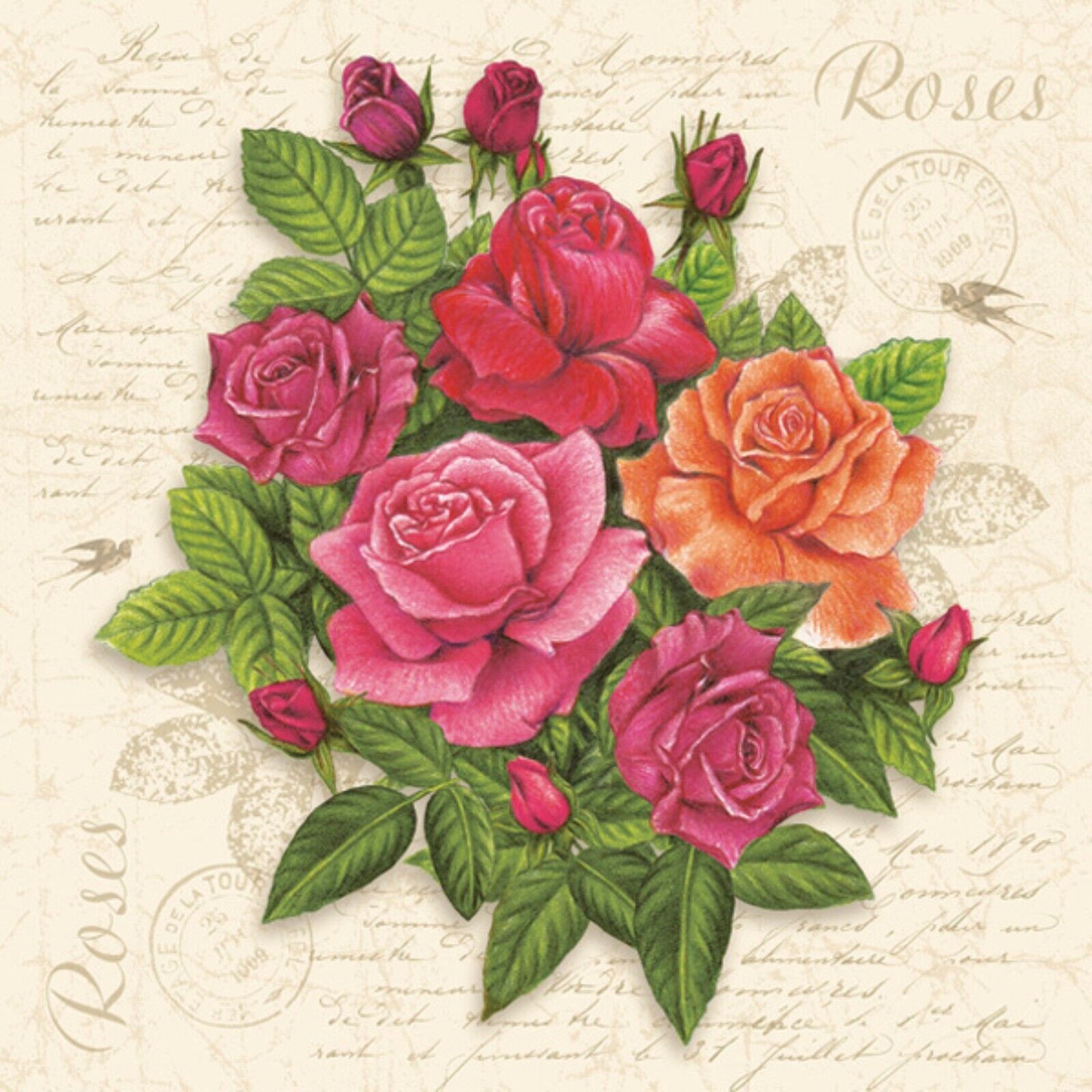 (2) Decoupage Paper Napkins - Floral Vintage Roses Post Card Two Napkin Flowers