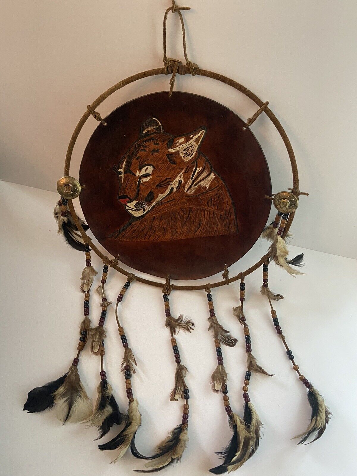 Vintage Dream Catcher Cougar Pyrography Leather 14” W/Beads & Feathers Handmade