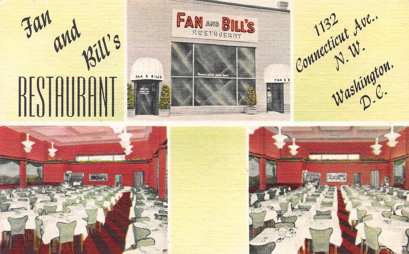 Fan and Bill's Restaurant, Washington, D.C., Early Linen Postcard, Unused