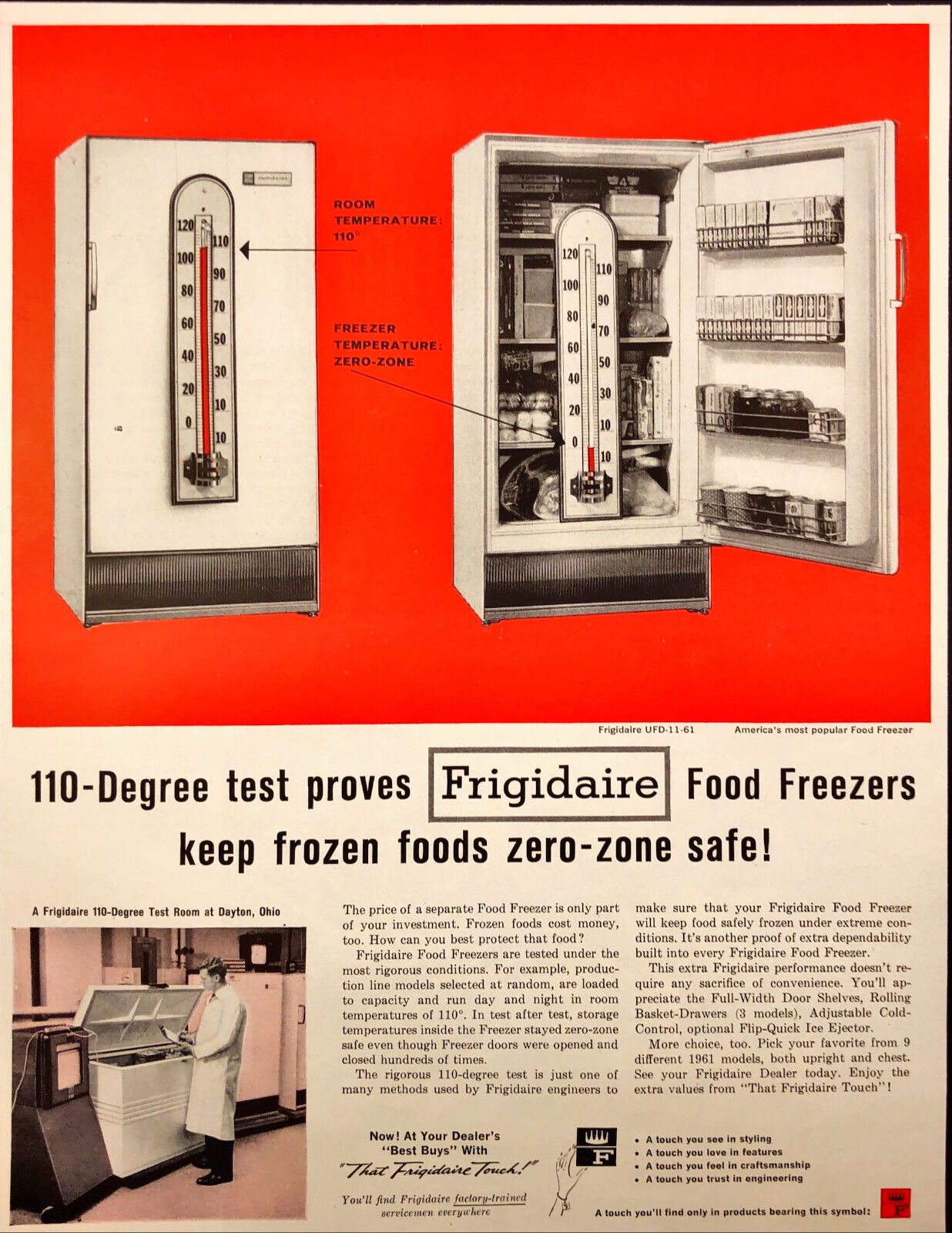 1961 Frigidaire Food Freezers Print Ad Zero-Zone Safe Freezer