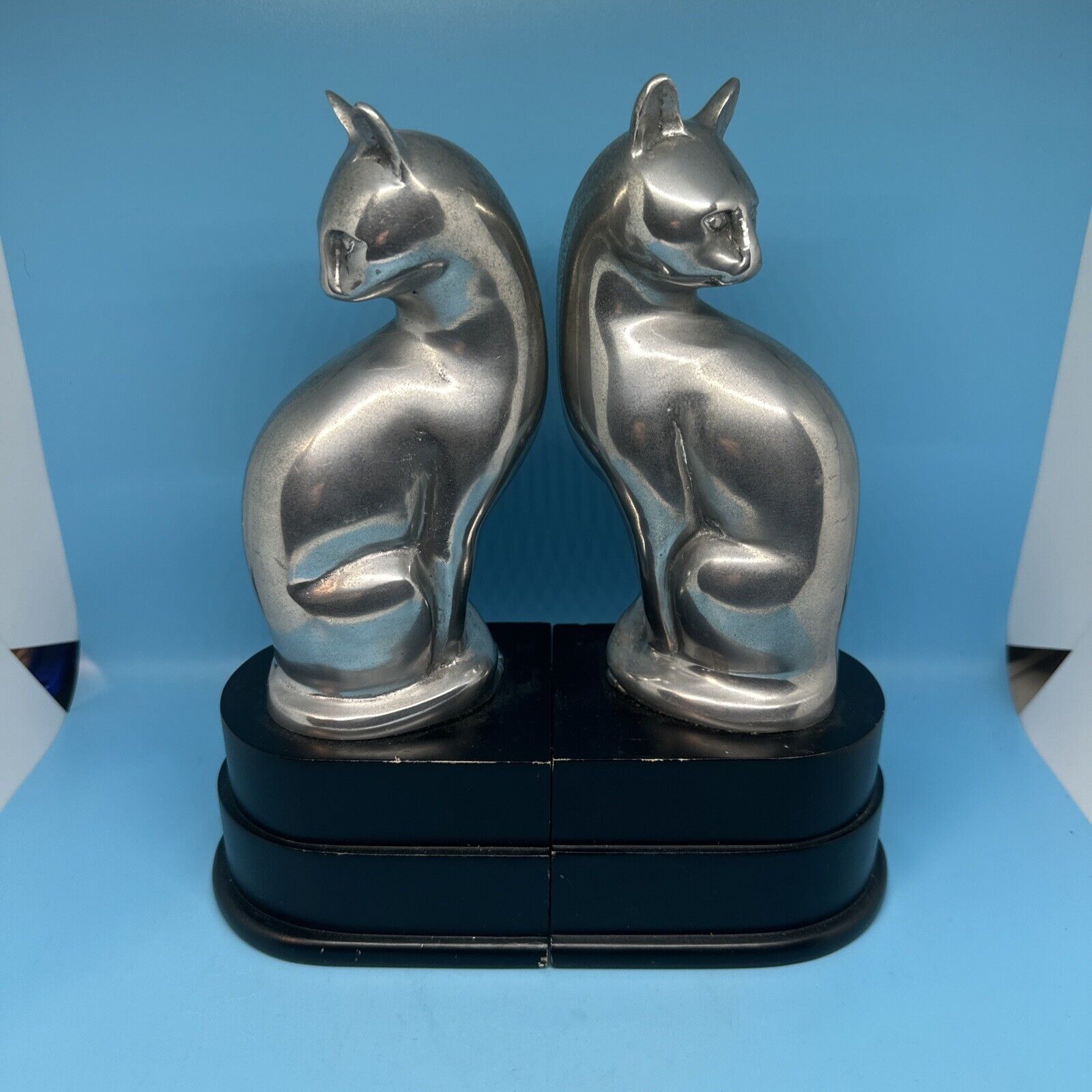 Vintage Art Deco Silver Colored Pot Metal Pair of Siamese Cat Bookends,SPI