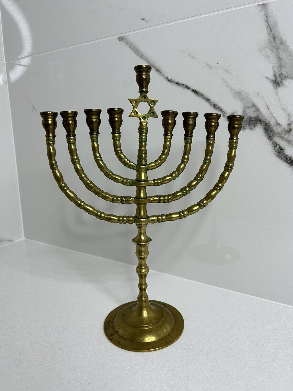 Hannukah Menorah Judaica Israel Vintage Brass Chanukah 12” Patina Swivel Heavy