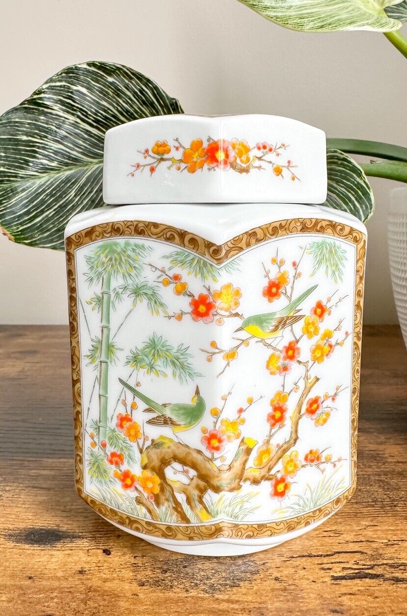 Vintage Ginger Jar with Green Birds and Orange Blossom Porcelain Hexagon