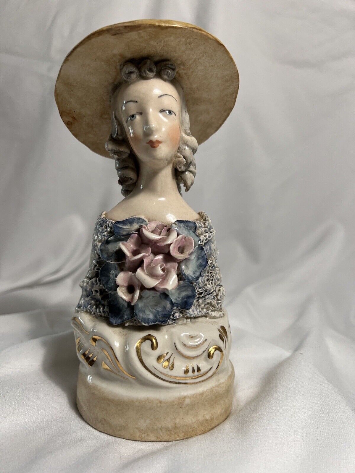 Vintage CORDEY Victorian Lady Bust Figurine Porcelain Hat Flowers 1940-50s