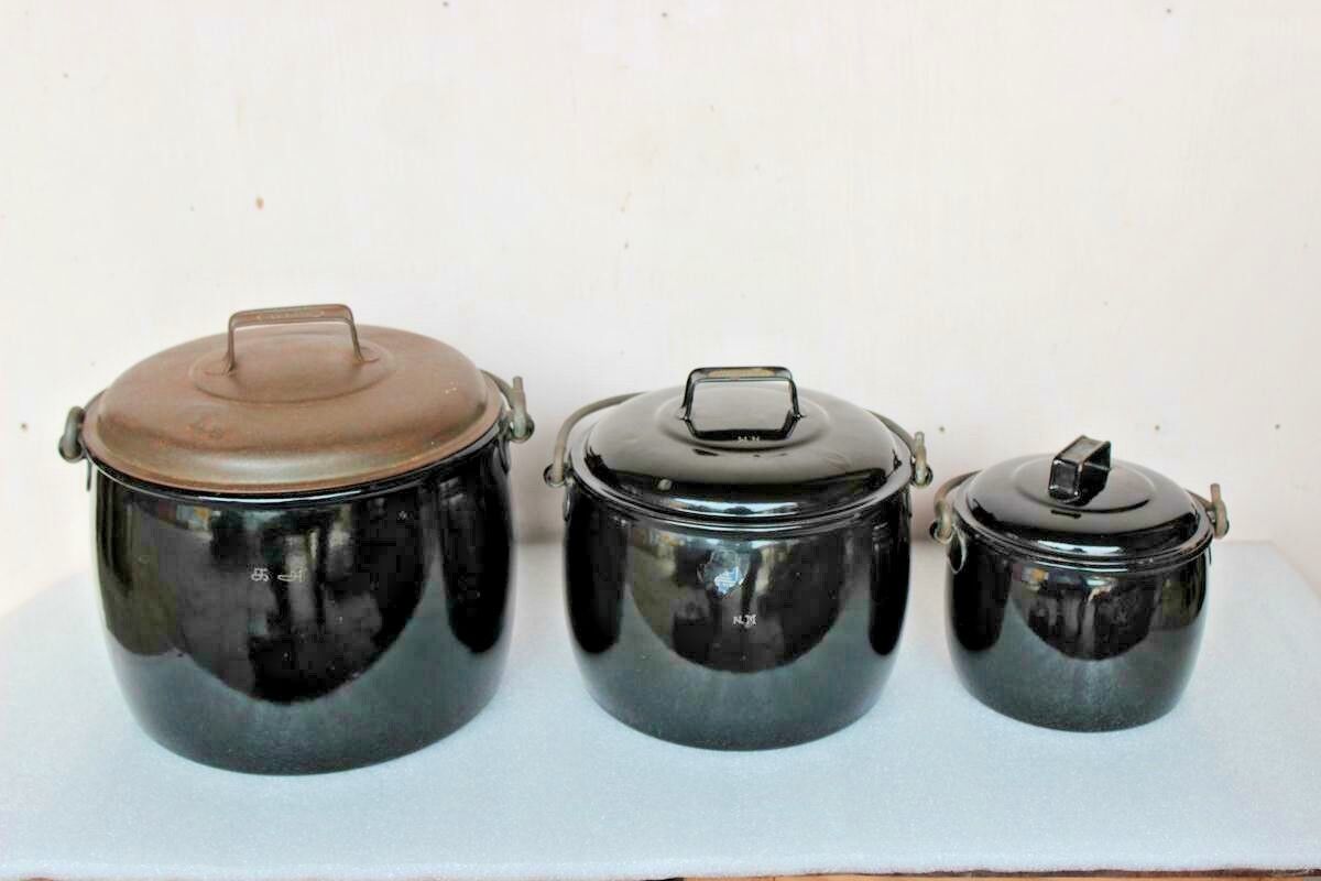 3 Pc Black Cooking Pot Vintage Old Enamel Ware Home Decor Collectible BI-20