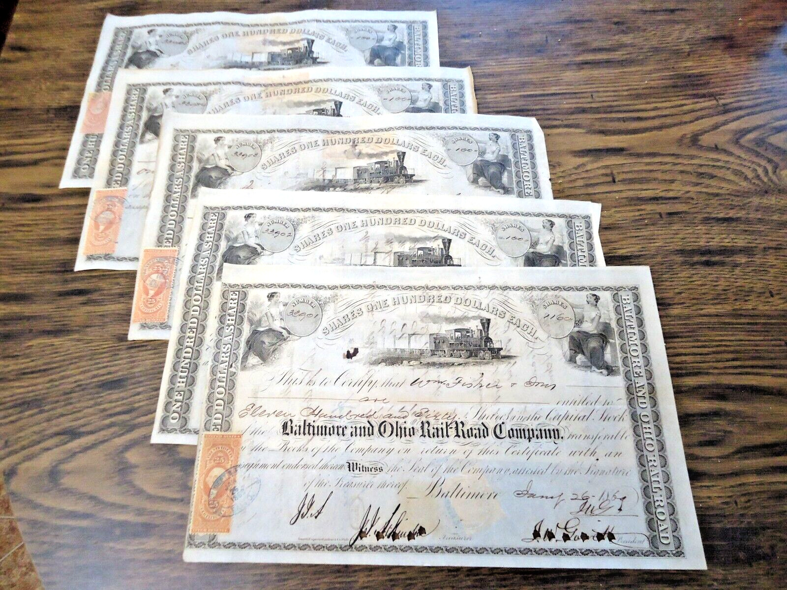 5 - 1869 Baltimore & Ohio RR $100 Share Stock Certificates w 9 US Revenue Stamps
