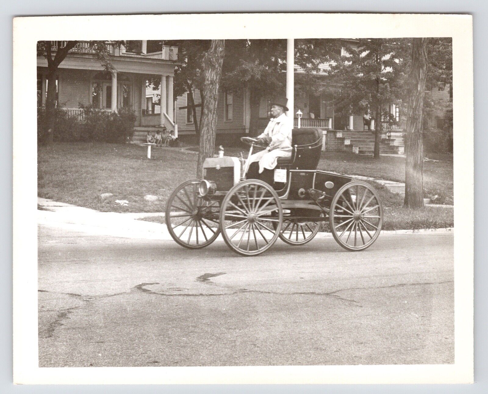 c1900s Automobile Driver in Top Hat Neighborhood Antique Car Original Photo