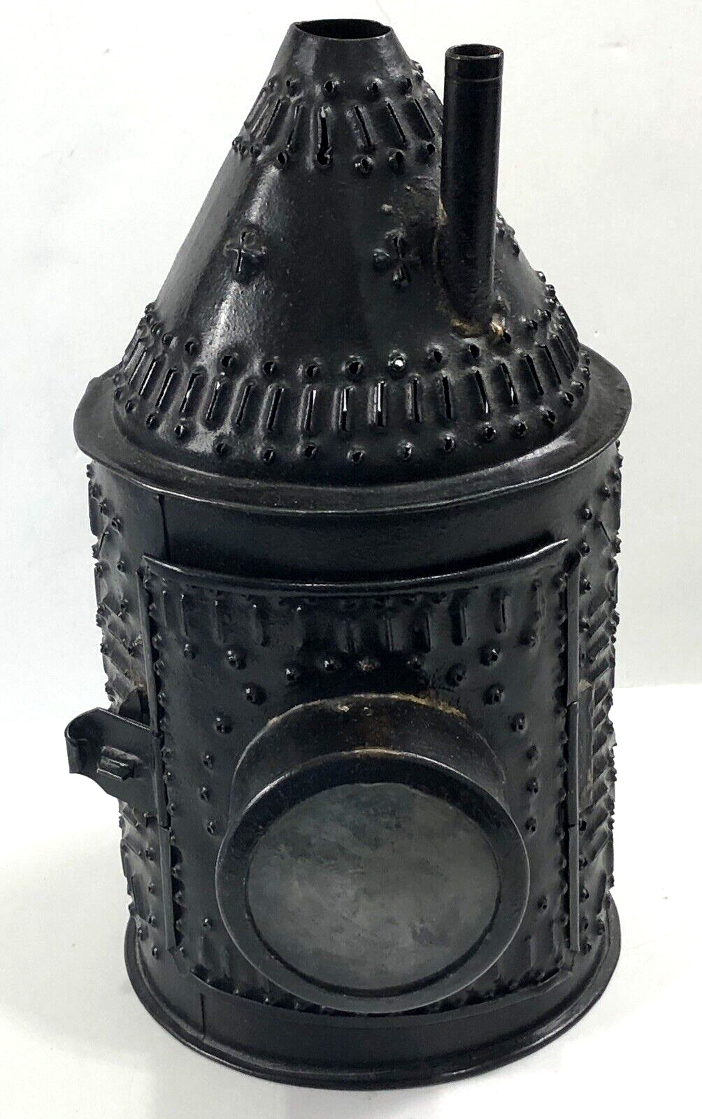 Punched Tin Lantern Primitive Double Lense Black - Vintage