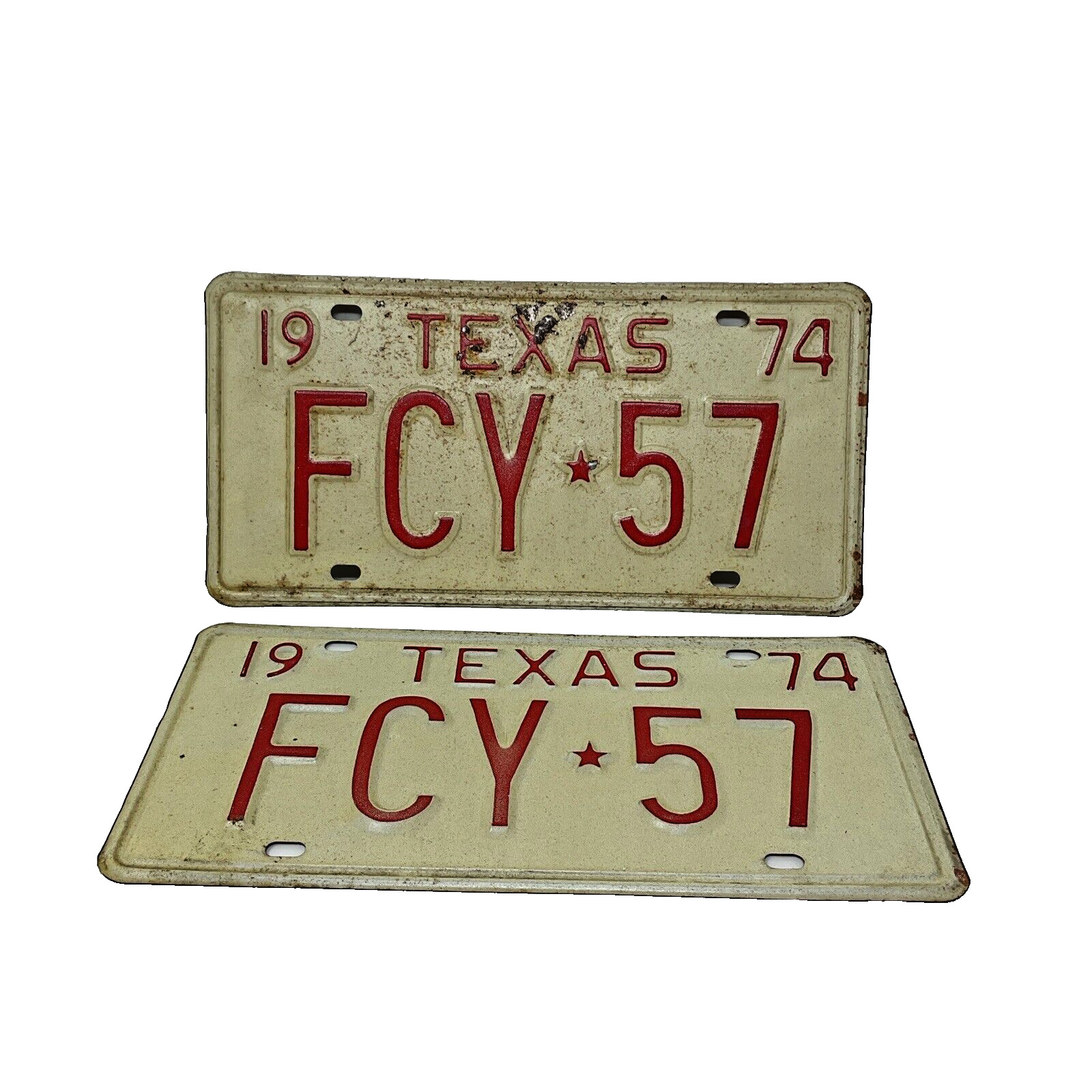 Vintage 1974 Texas License Plates Pair FCY 57 Red On White Vintage