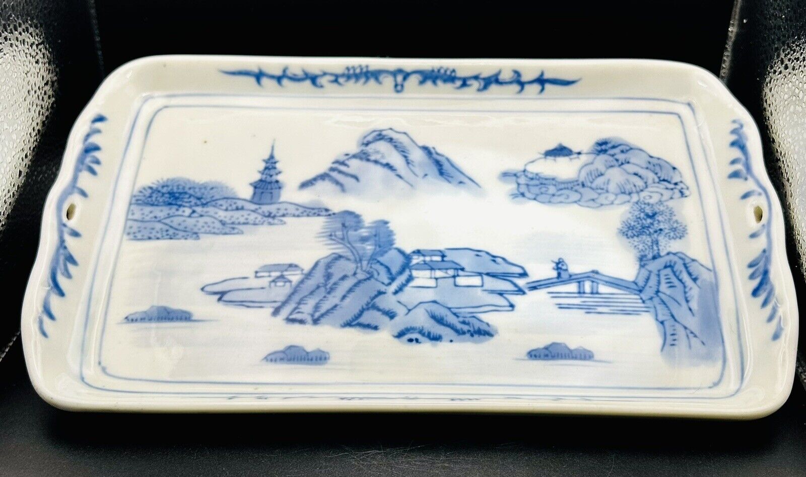 Vintage  Chinese Exports  Blue & White Handpainted 10 1/2 Inch  Porcelain  Tray.