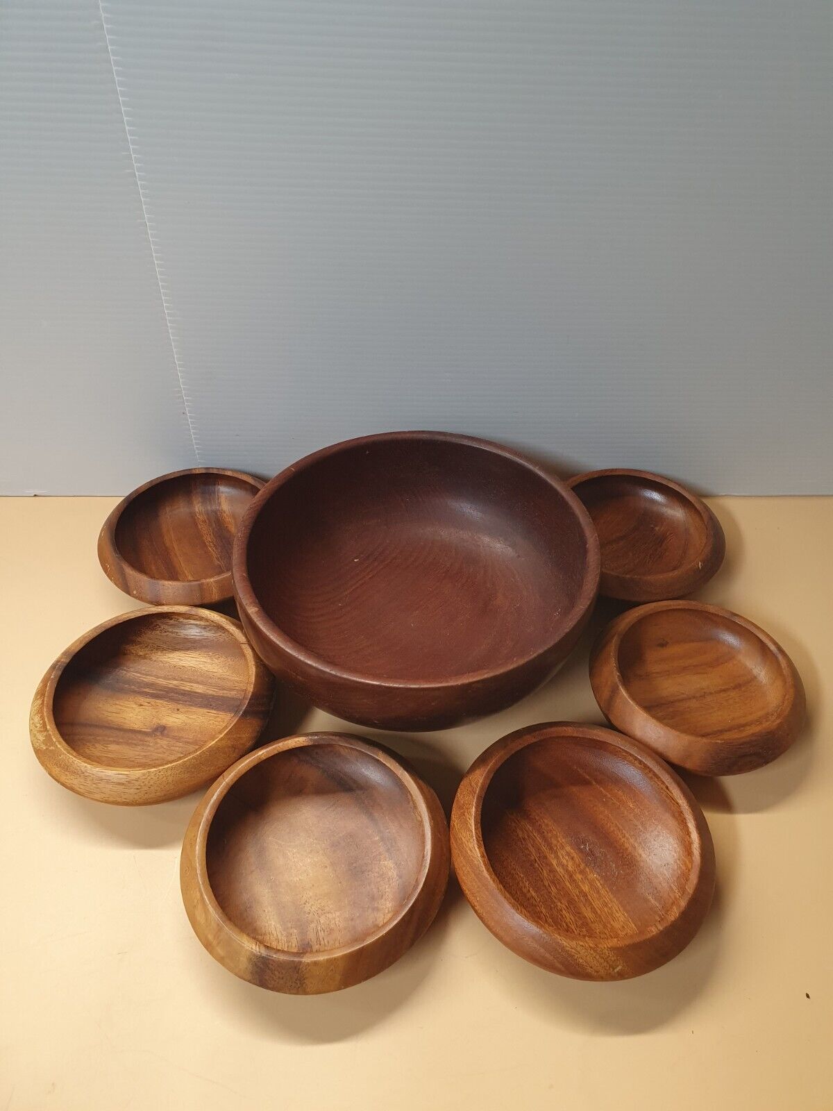 Vintage Wooden Large Bowl And 6 Fair Craft Philippines Small Bowls