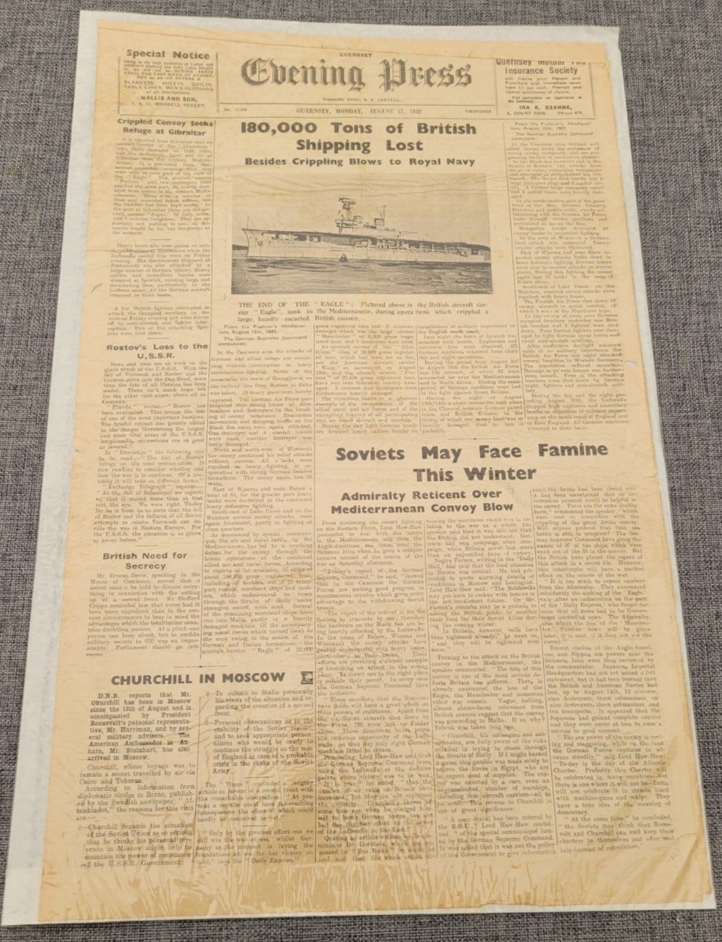 GUERNSEY EVENING PRESS WW2 BRITISH HMS EAGLE SINKS NAVY 17TH AUG 1942 NEWSPAPER
