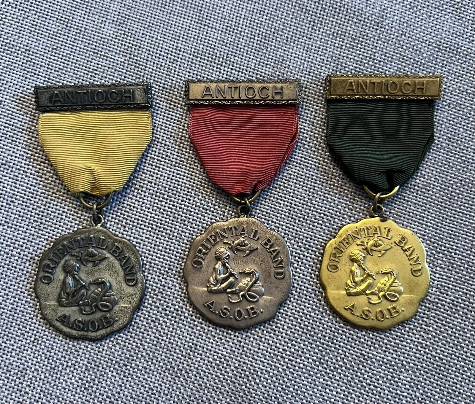 Shriners Vintage Medals 3 Antioch Oriental Band Red, Green, Yellow A.S.O.B.