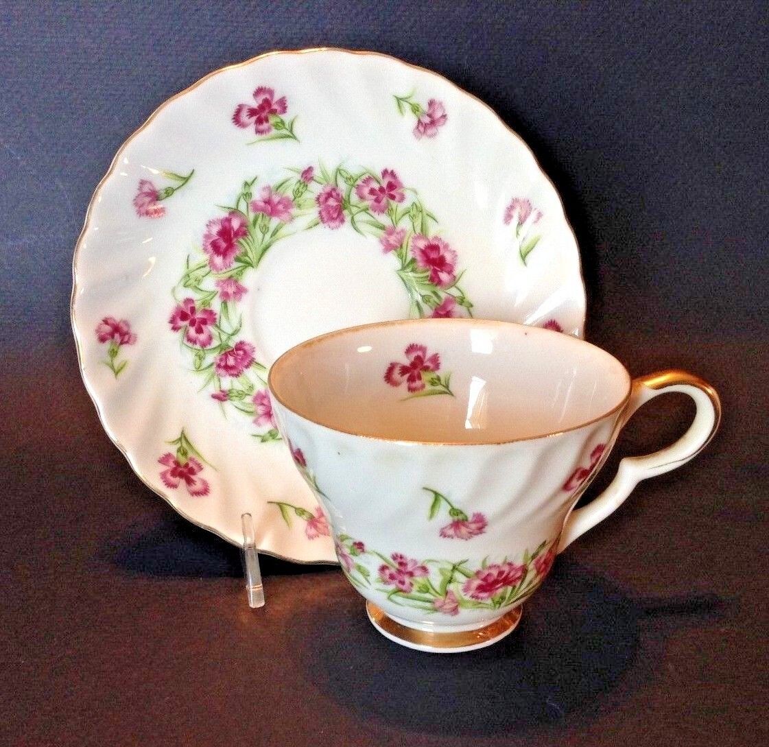 Lefton Tea Cup And Saucer - January - Carnation - Unused With Sticker - Japan